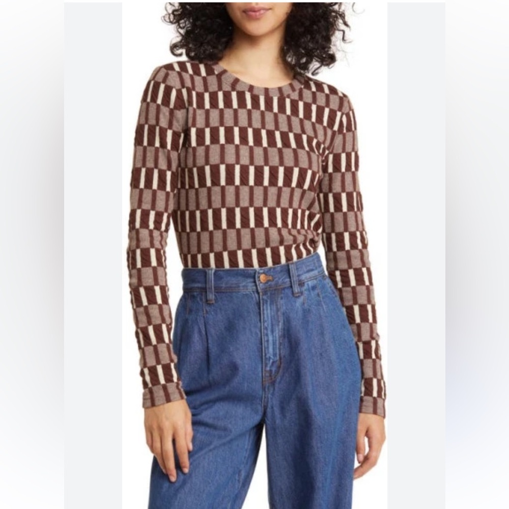 Madewell Brown and Cream Checkered Sweater